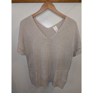 JOIE Women's V-Neck Sweater Medium Beige Cotton Knit Short Sleeve Classic Casual